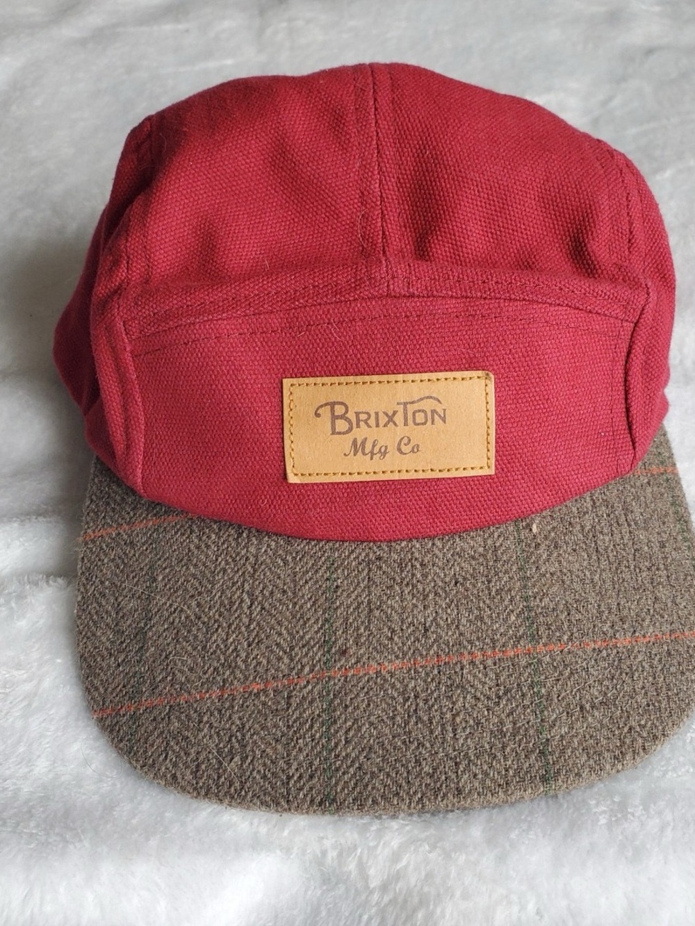 Brixton Cavern 5-Panel Cap Burgundy and Grey Herringbone Tweed Strapback